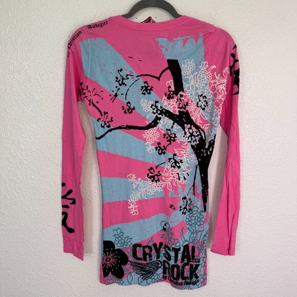 Christian Audigier Crystal Rock Y2K Shirt Womens Small Tokyo Sun Cherry Blossom - Picture 2 of 16